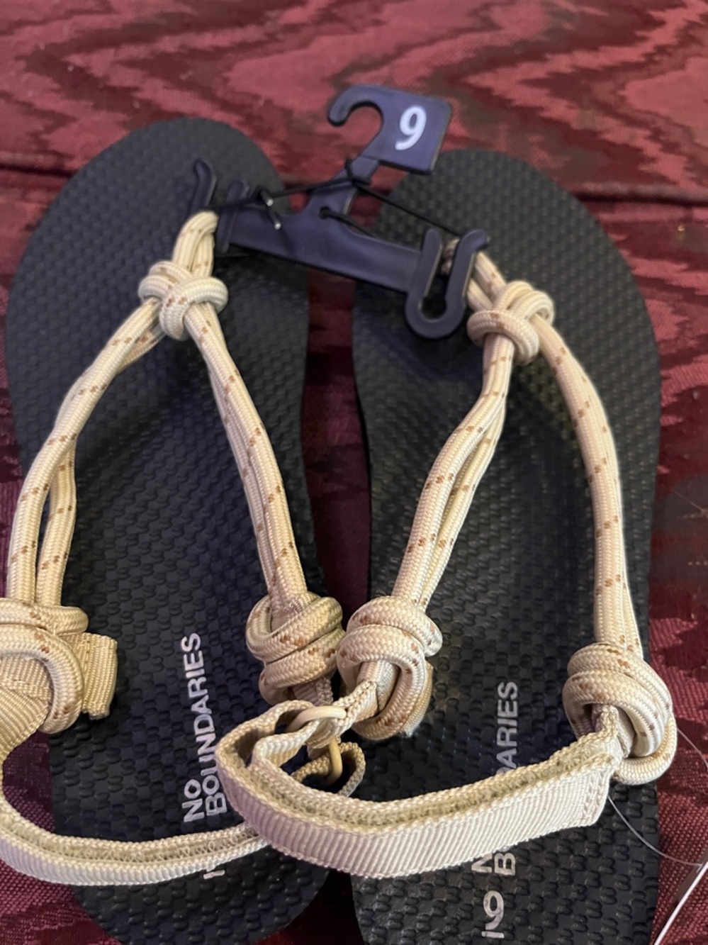 No Boundaries Black Footbed Sandals with Cream Rope Straps